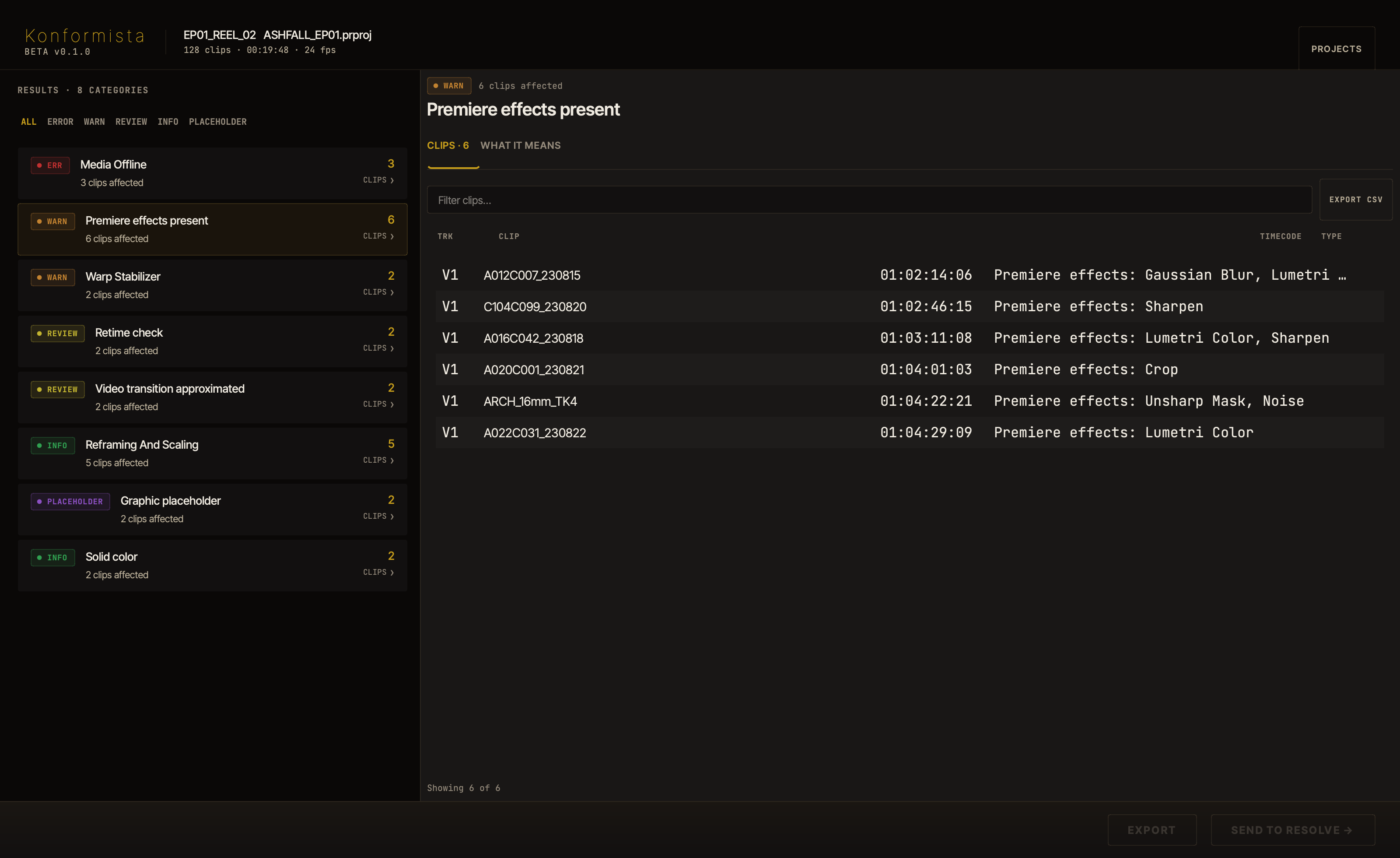 Konformista analysis results grouping flagged clips by category and severity.