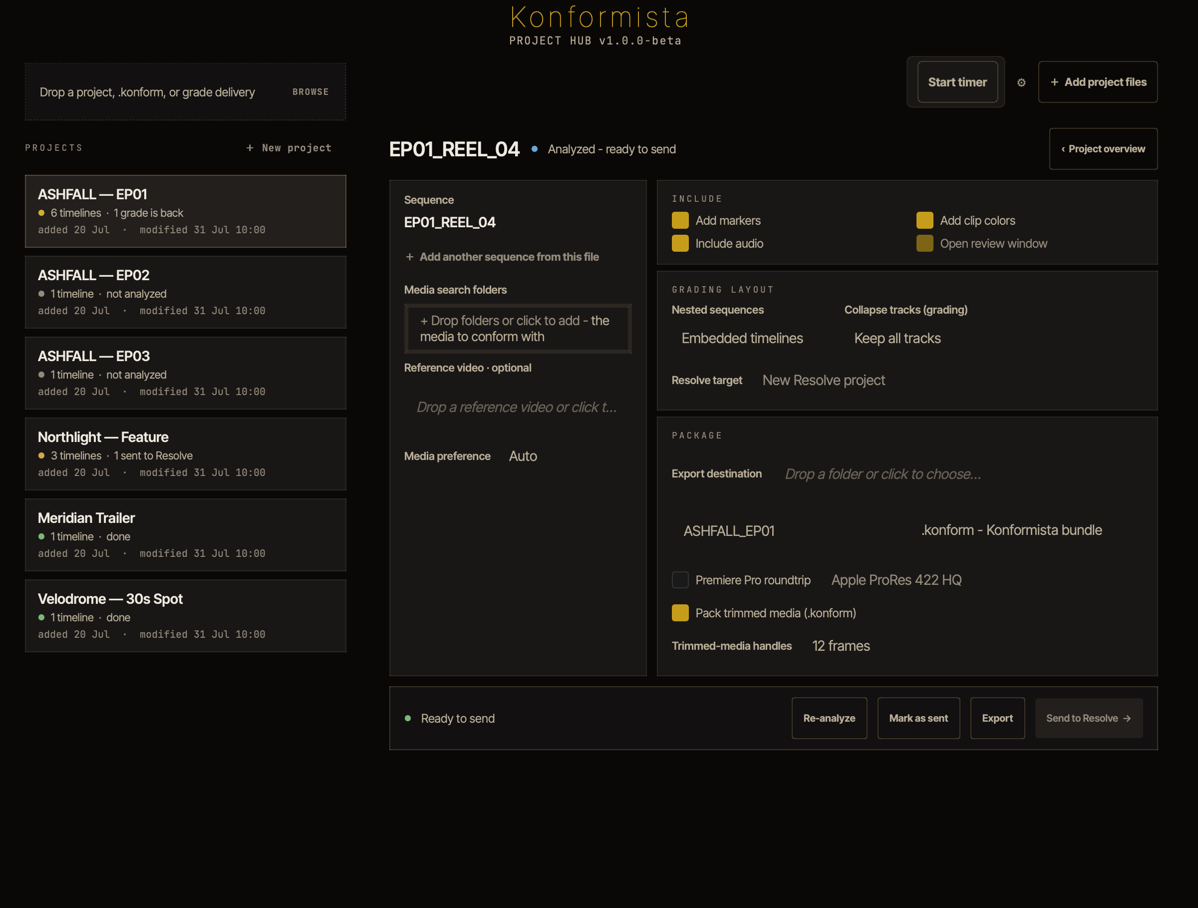 Konformista handoff dialog with the pack-trimmed-media option and handle settings.