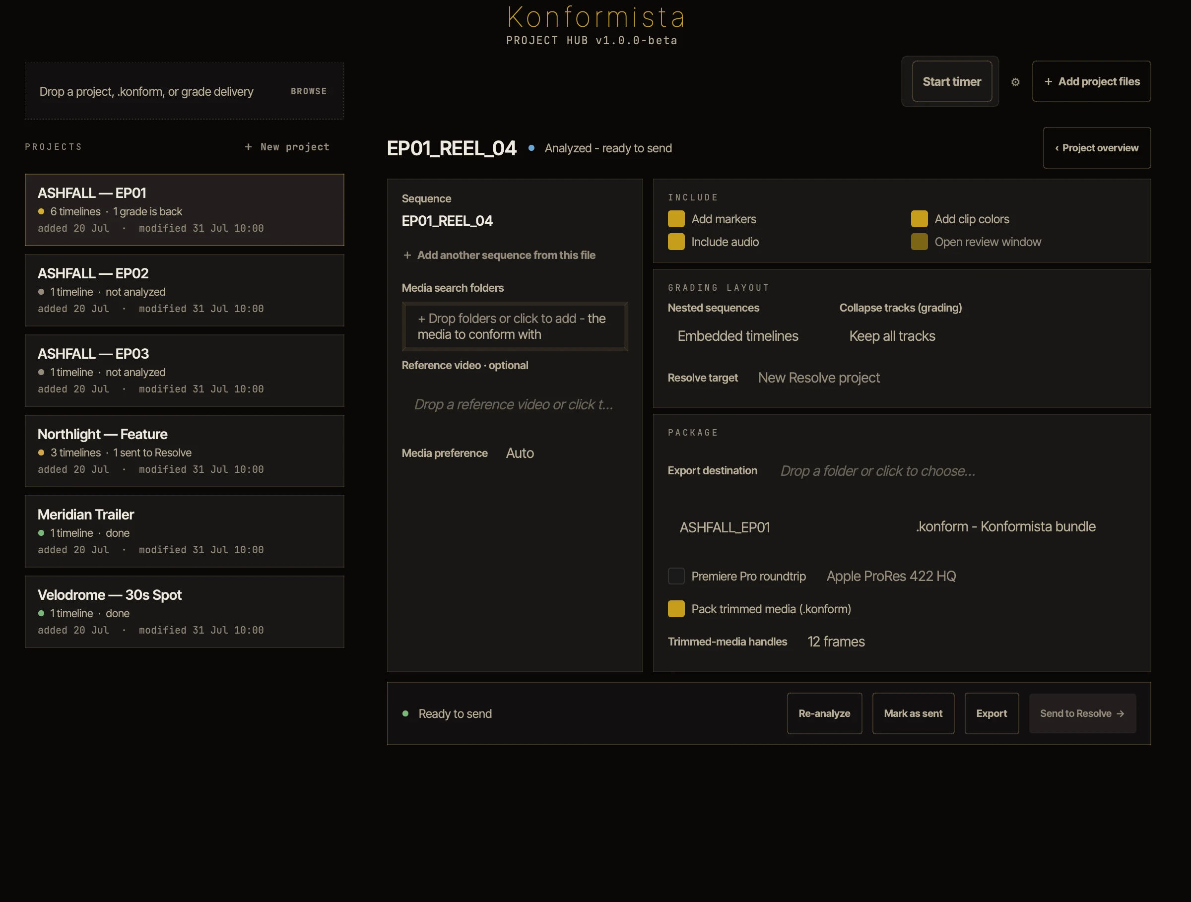 Konformista handoff dialog with the pack-trimmed-media option and handle settings.