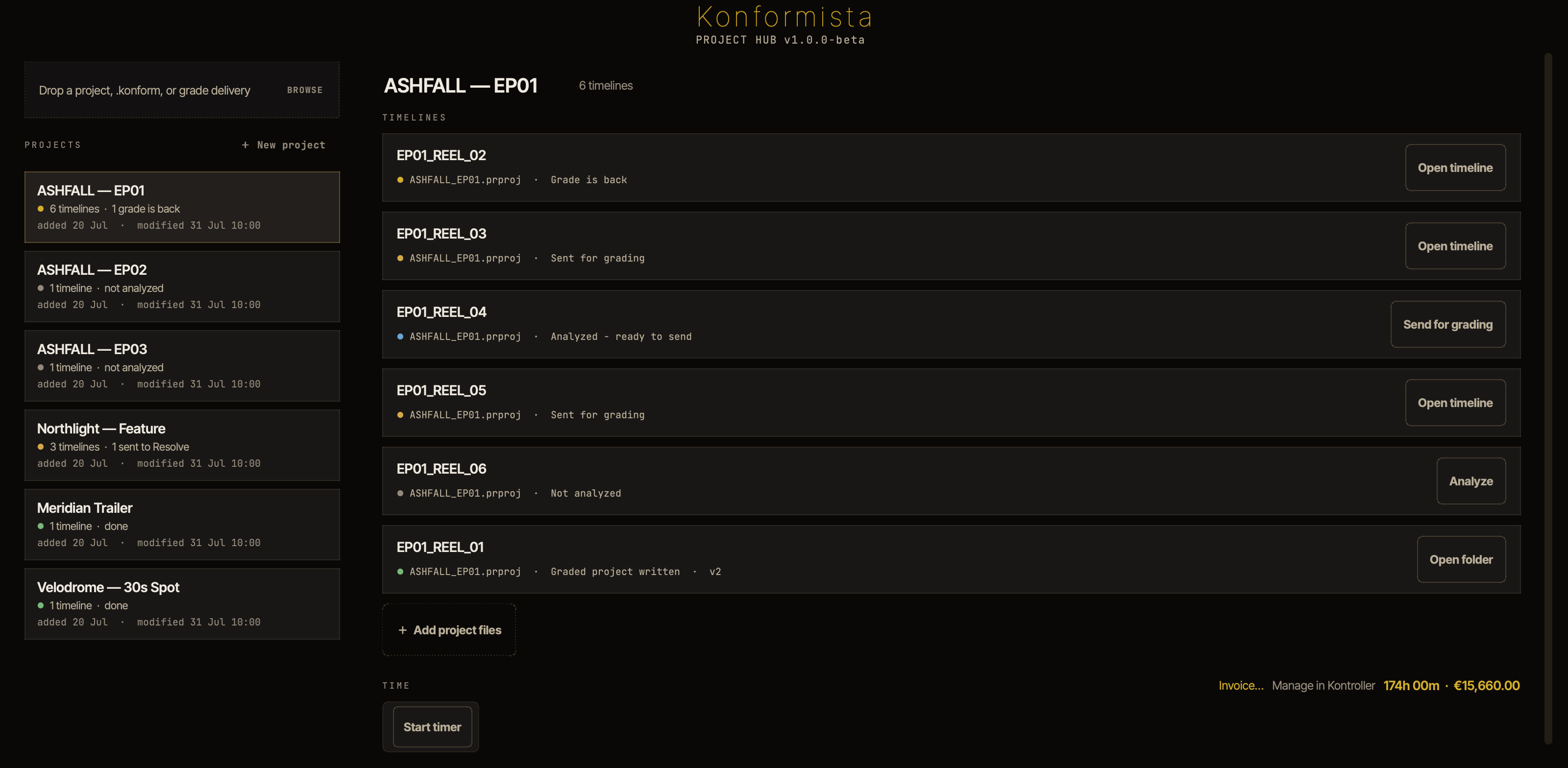 Konformista Project Hub showing tracked conform jobs across several projects.