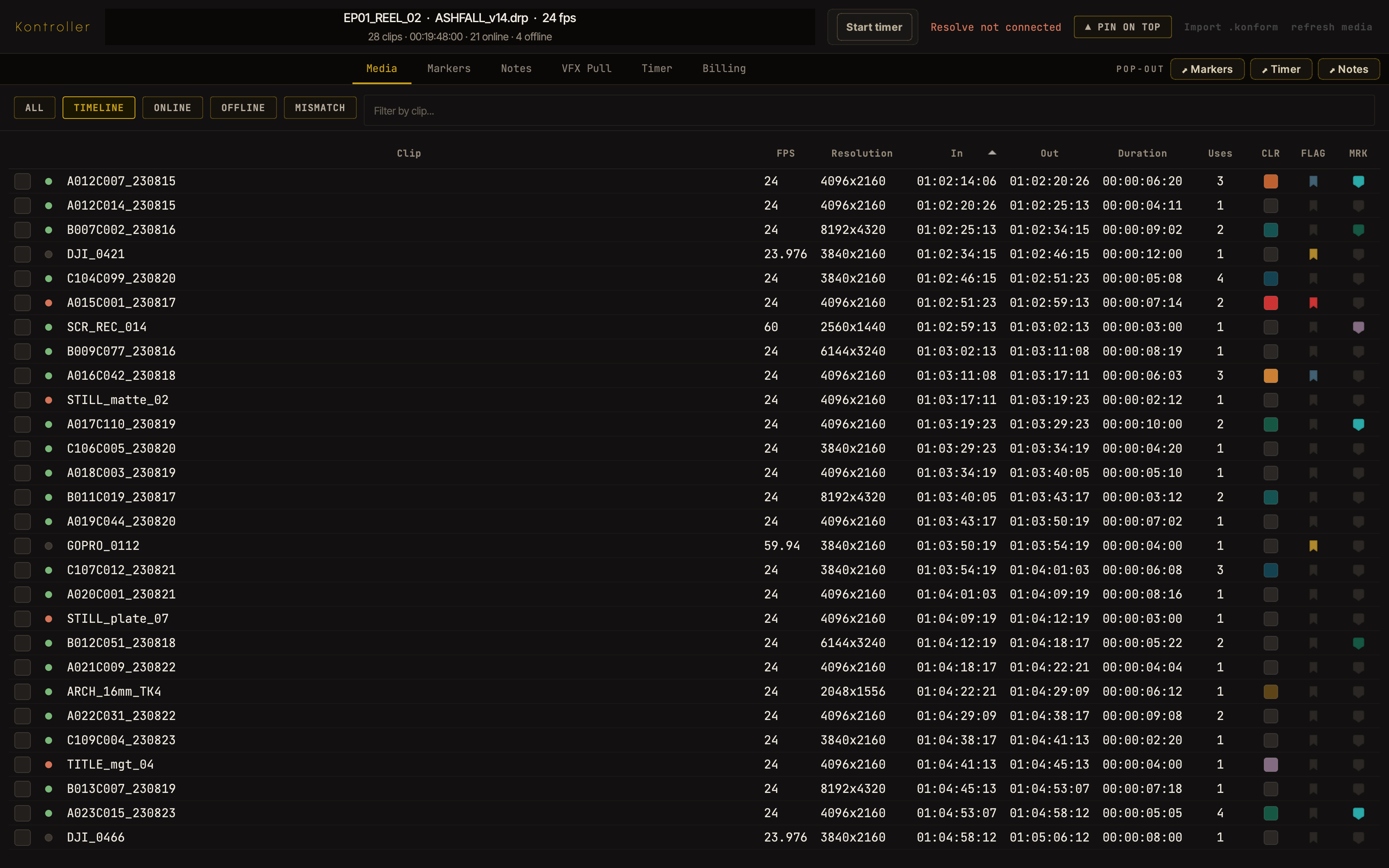 Kontroller window listing project clips filtered by online, offline and mismatch state.